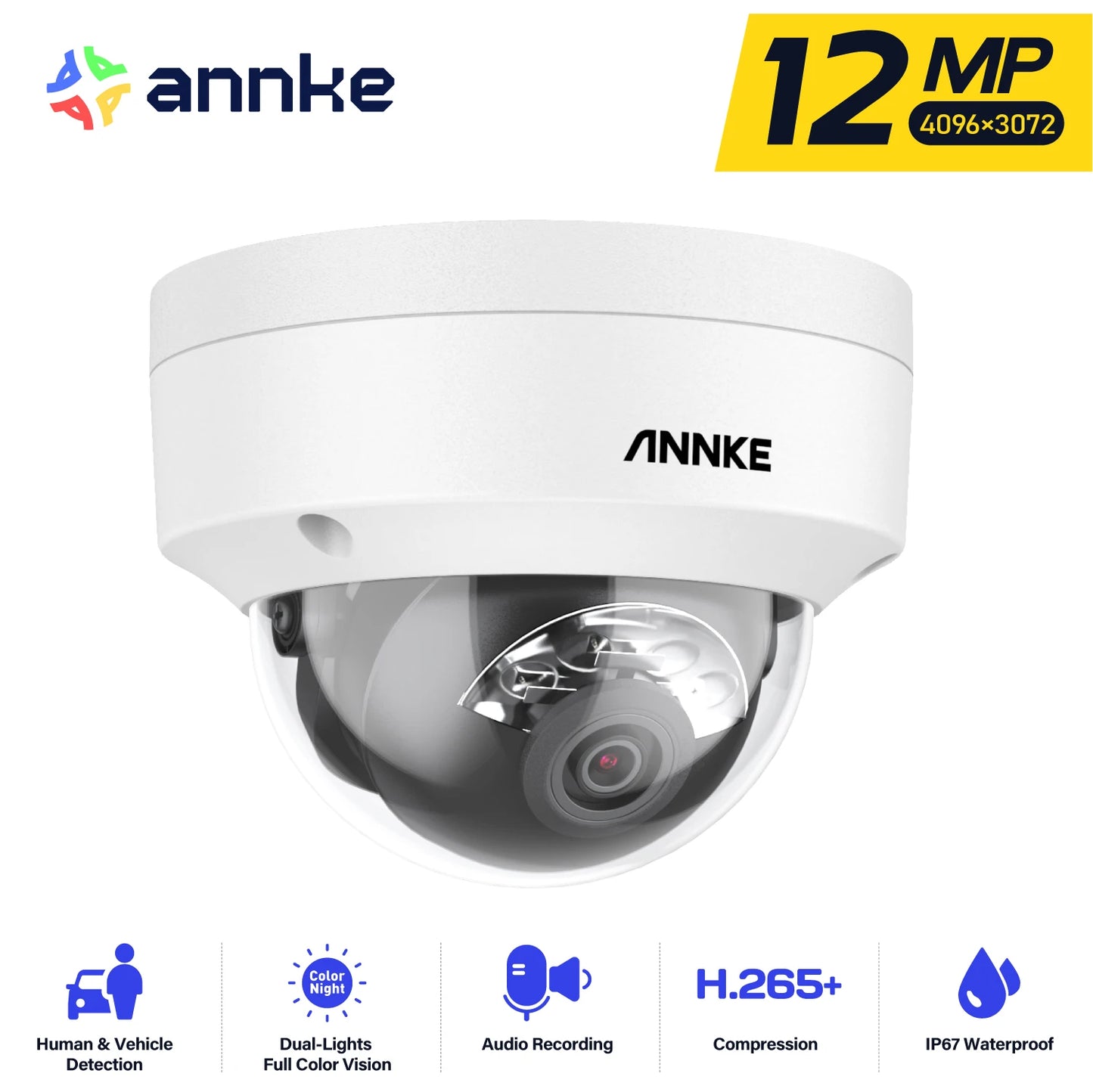 12MP Outdoor Smart Dual Light PoE Security Camera Color IR Night Vision Built-in Microphone IP67 Smart Home H.265+