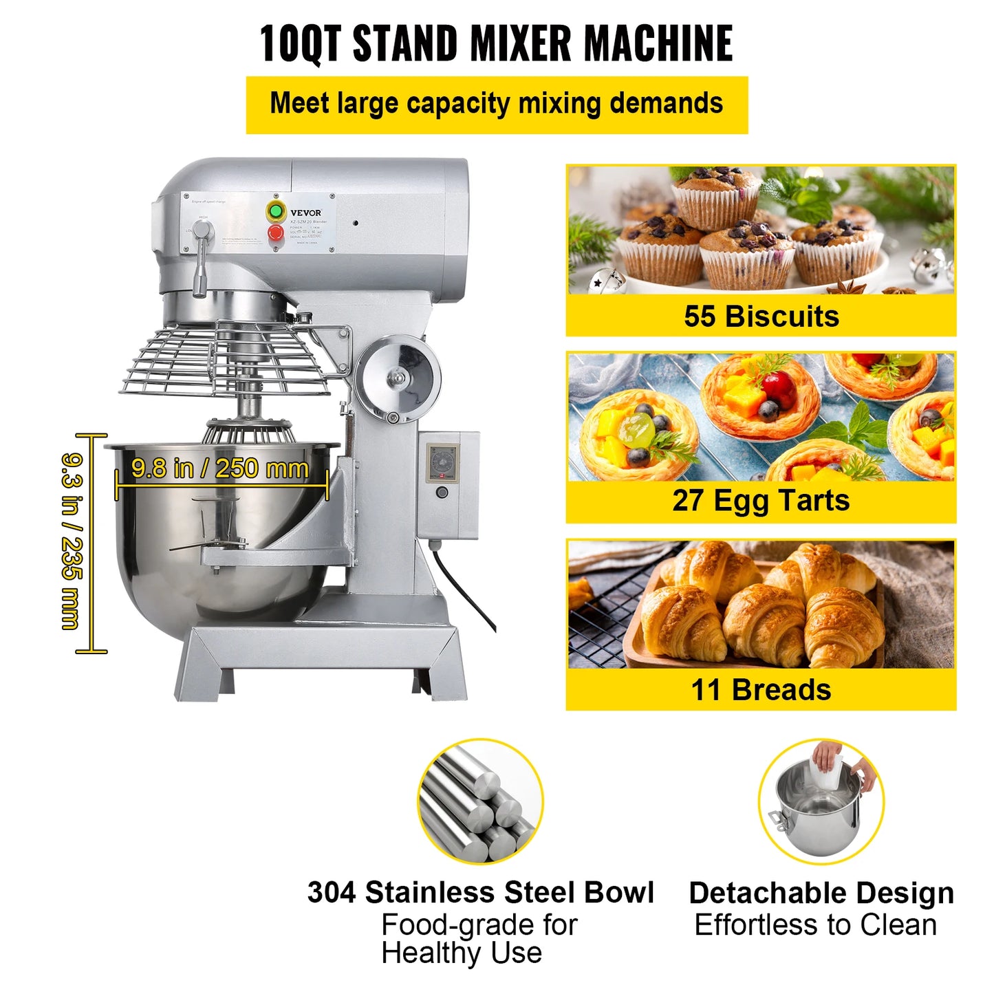 Commercial Food Mixer 10Qt 450W 3 Speeds Adjustable 110/178/390 RPM Heavy Duty Stainless Steel Whisk Beater Premium
