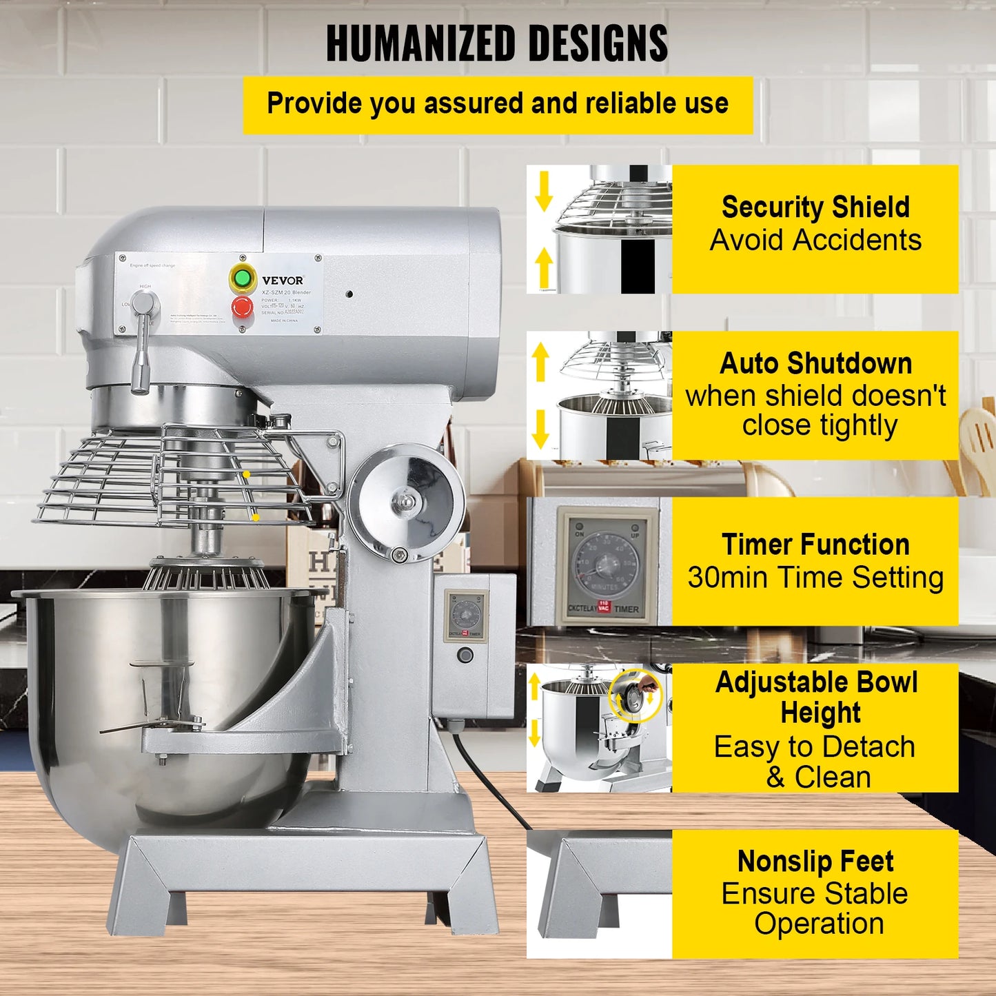 Commercial Food Mixer 10Qt 450W 3 Speeds Adjustable 110/178/390 RPM Heavy Duty Stainless Steel Whisk Beater Premium