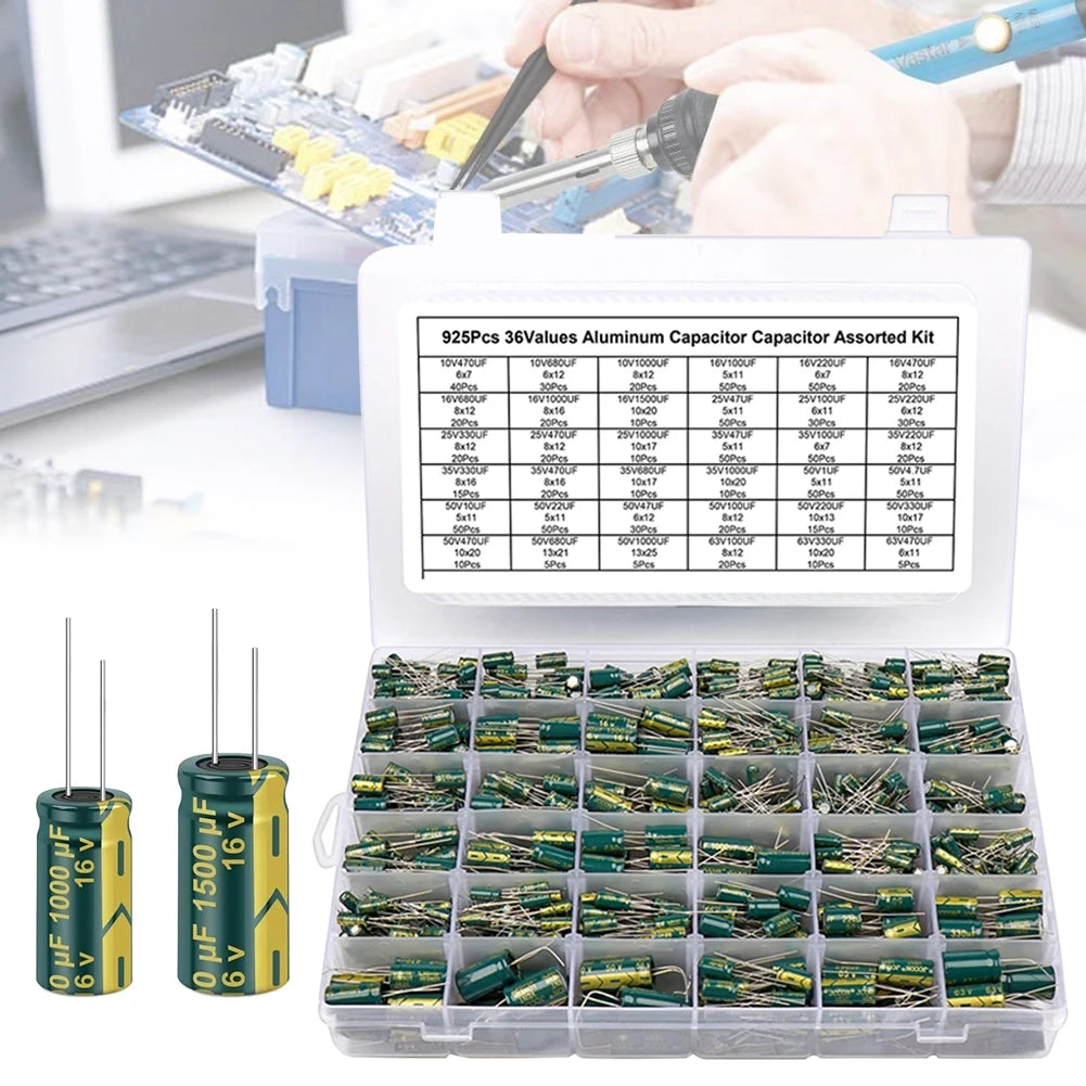 15/24/36 Values 225/460/925Pcs Aluminum Capacitors Set 16V-50V Aluminum Electrolytic Capacitors Assortment Kit with Storage Box