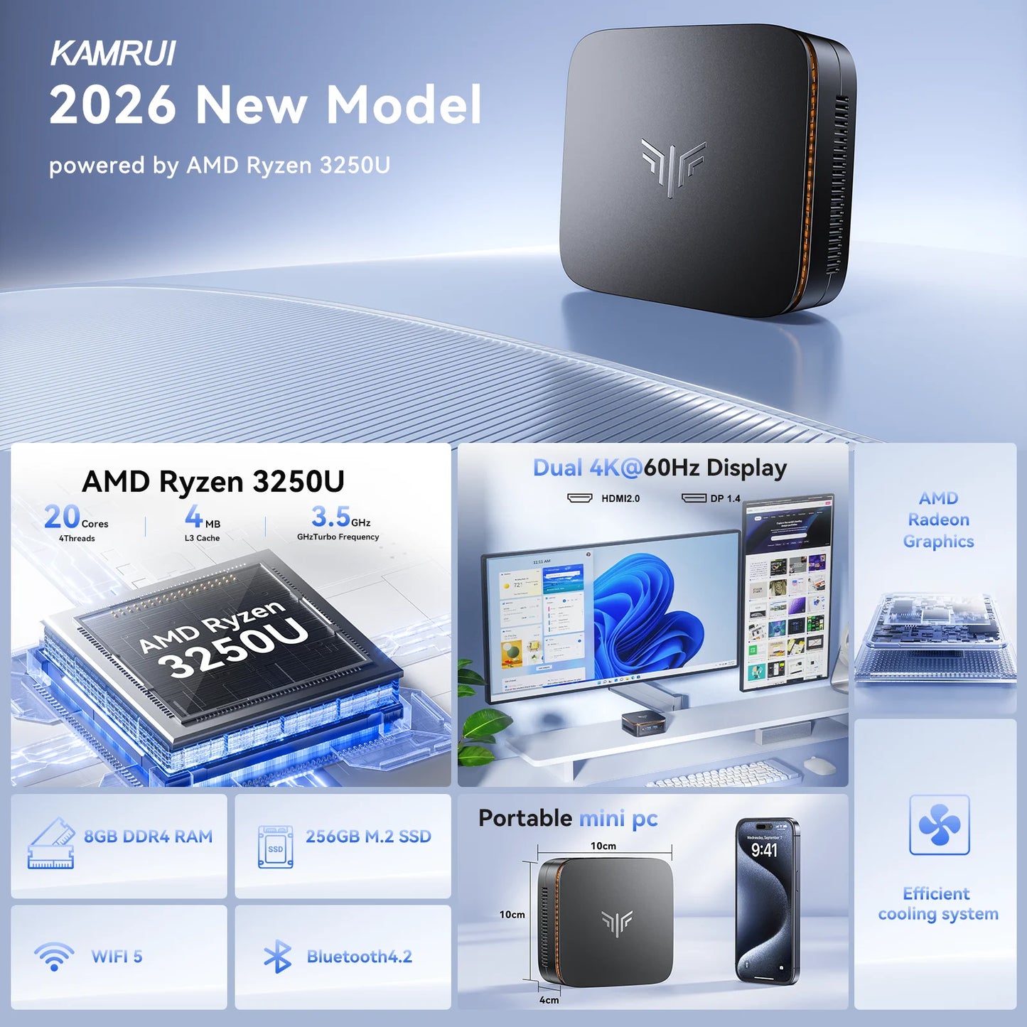 KAMRUI AMD R3 3250U 3.5Ghz Mini PC 8GB DDR4 256GB SSD Mini Computer 2.4+5G WiFi/BT4.2 4K@60Hz UHD Desktop PC Win11p for Office