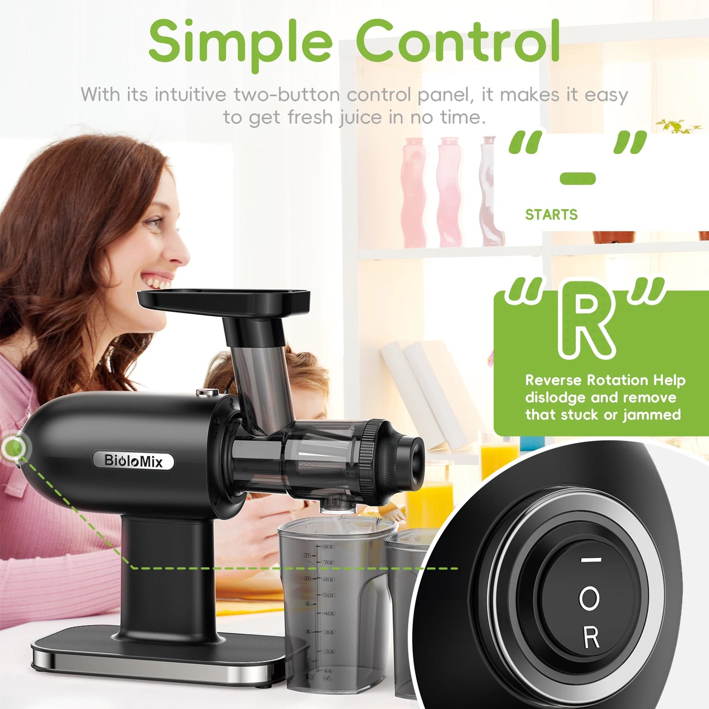 Cold PressJuicer, Slow Masticating Juicer Machines with Reverse Function, High Juice Yield, Easy to Clean Brush & Quiet