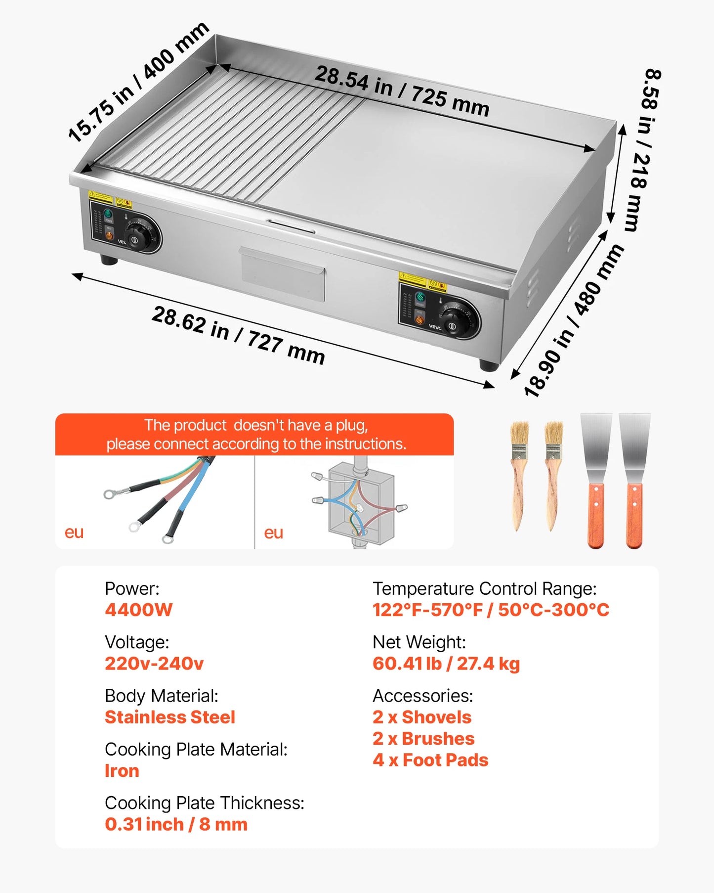 Commercial Electric Griddle 50-300°C Adjustable Temp Control, Stainless Steel Countertop Flat Top Grill for Steak Panc