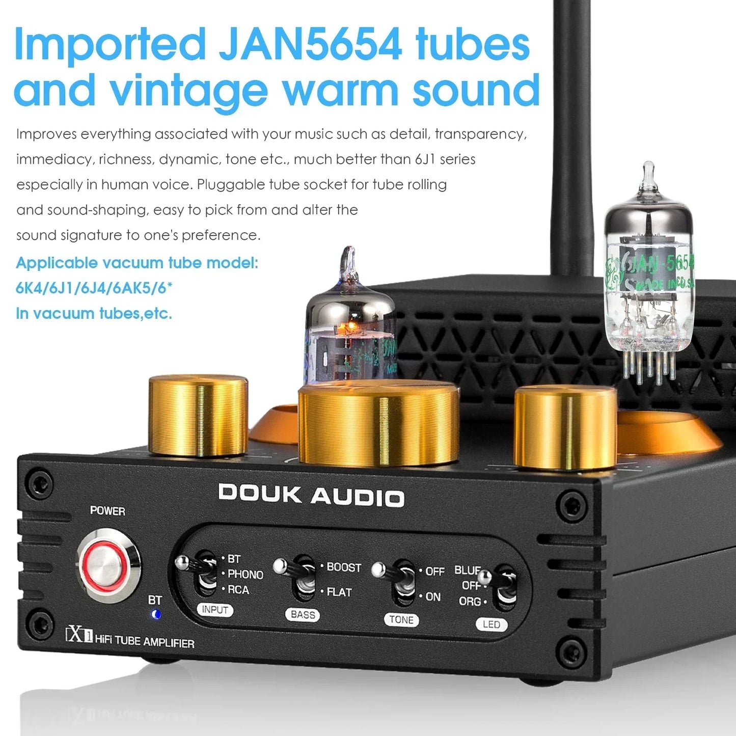 Nobsound HiFi GE5654 Vacuum Tube Amplifier Stereo Bluetooth 5.0 Receiver Amp MM Phono Power Amp for Turntables APTX-HD 160W+160W
