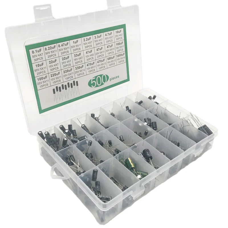 500PCS Electrolytic Capacitor Mixed DIP Electrolyte Capacitors 10V 16V 25V 50V Electronic Kit  0.1uF-1000uf 24Values elektronika