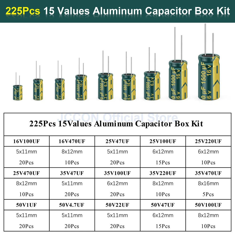15/24/36 Values 225/460/925Pcs Aluminum Capacitors Set 16V-50V Aluminum Electrolytic Capacitors Assortment Kit with Storage Box