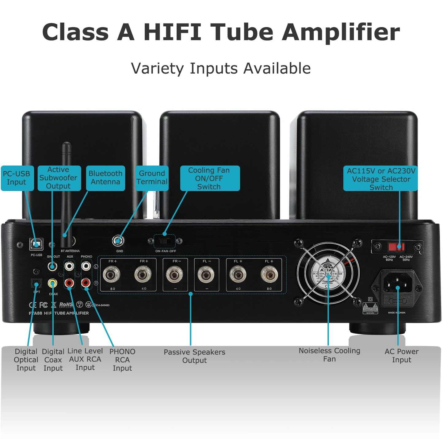 Juson Audio FTA88-N 180W KT88 HiFi Tube Amp Class A Phono Vacuum Amp With Mosfet Single Ended Dual Mode Remote LDAC aptX-HD