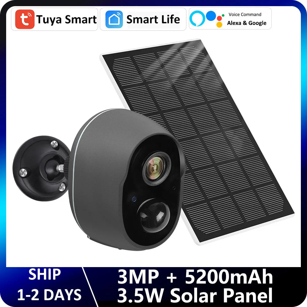 100% Wire-Free Tuya Smart 5200mAh 3.5W Solar Battery Outdoor Wireless WiFi 3MP PIR Security Protection Siren Infrared IR Camera