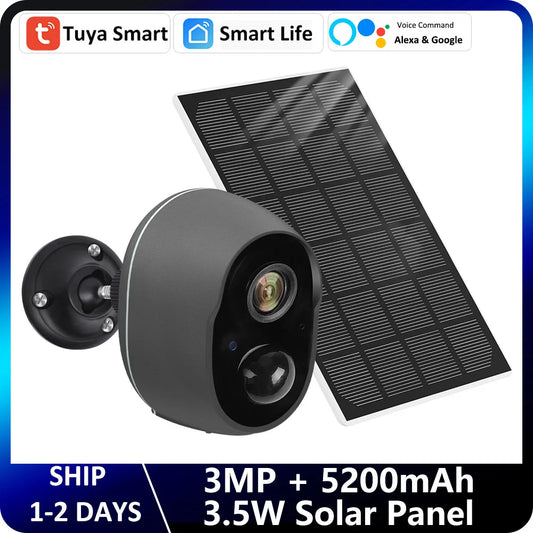 100% Wire-Free Tuya Smart 5200mAh 3.5W Solar Battery Outdoor Wireless WiFi 3MP PIR Security Protection Siren Infrared IR Camera