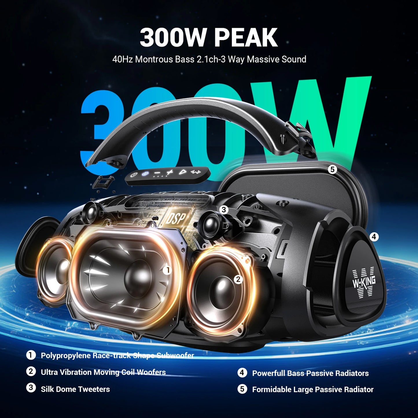 200W RMS Portable Bluetooth Speakers, Massive Bass Party Boombox IPX7 Waterproof Speaker Large, Loud Outdoor Speaker