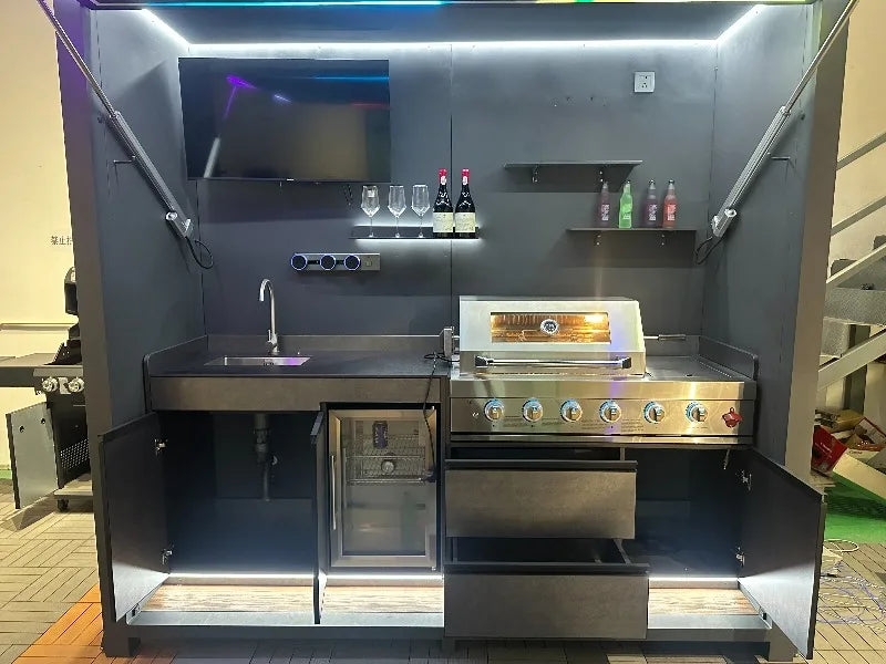New Modular SS304 Outdoor BBQ Kitchen with Disassemble Closable Shed BBQ Grills and Sink&fridge Combo for Family Party