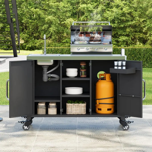 54.5" Outdoor Kitchen Island with Sink, Grill Cart with 4 Locking Wheels, Rolling BBQ Prep Station & Storage Cabinet, Customized