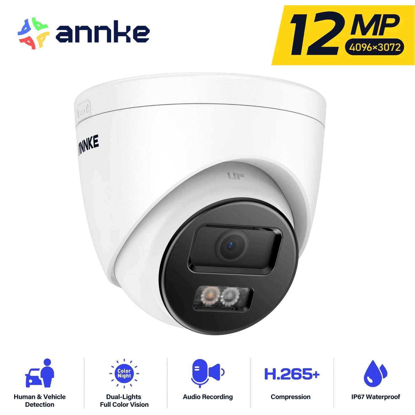 12MP Outdoor Smart Dual Light PoE Security Camera Color IR Night Vision Built-in Microphone IP67 Smart Home H.265+