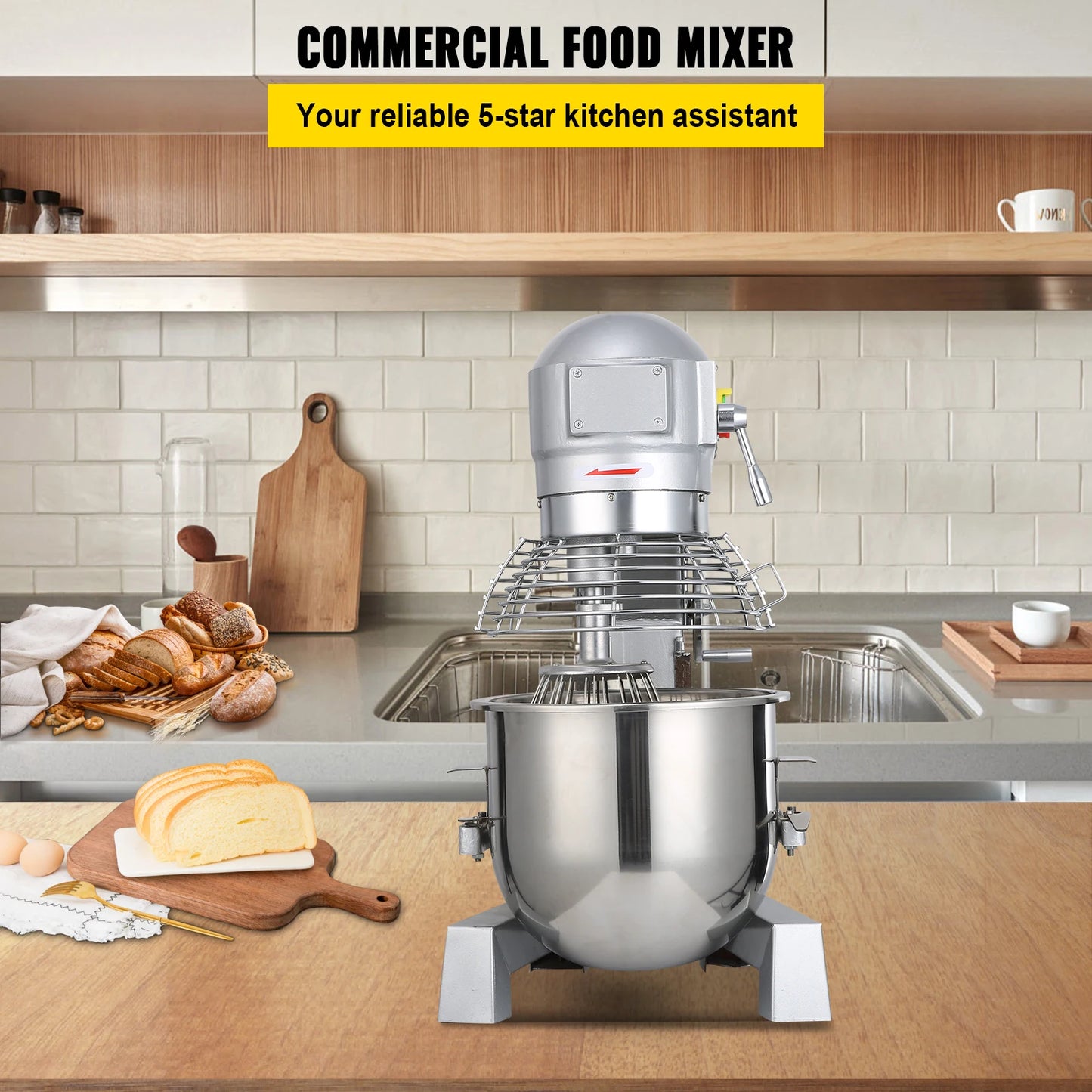 Commercial Food Mixer 10Qt 450W 3 Speeds Adjustable 110/178/390 RPM Heavy Duty Stainless Steel Whisk Beater Premium