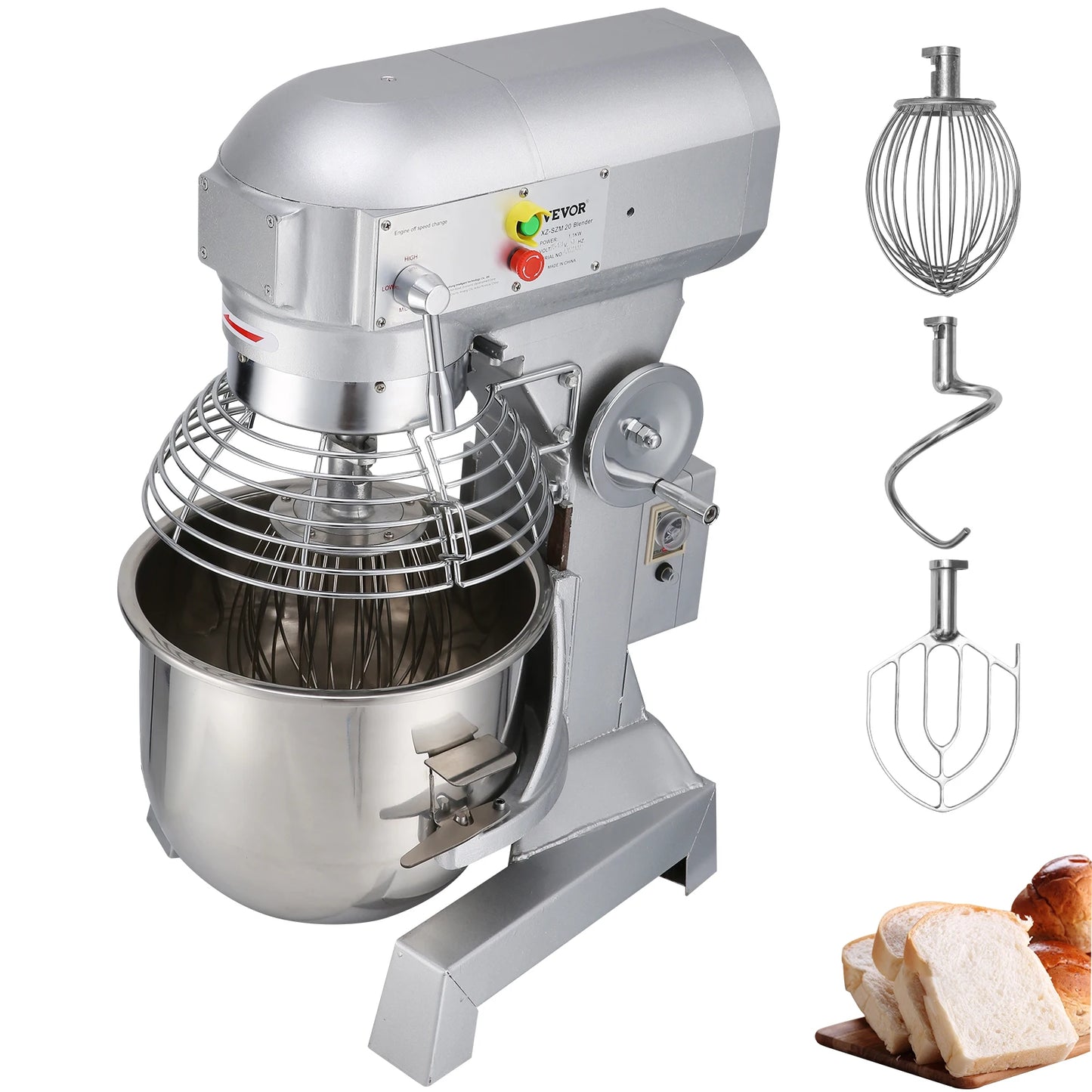 Commercial Food Mixer 10Qt 450W 3 Speeds Adjustable 110/178/390 RPM Heavy Duty Stainless Steel Whisk Beater Premium