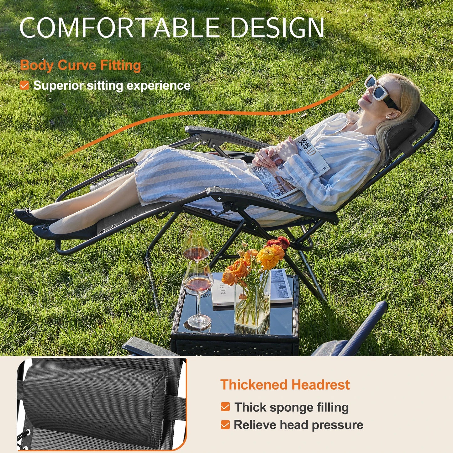 Zero Gravity Portable Recliner Camping Patio Outdoor Garden Lounge Chair with Cup Holder Trays Adjustable Pillow for Backyard