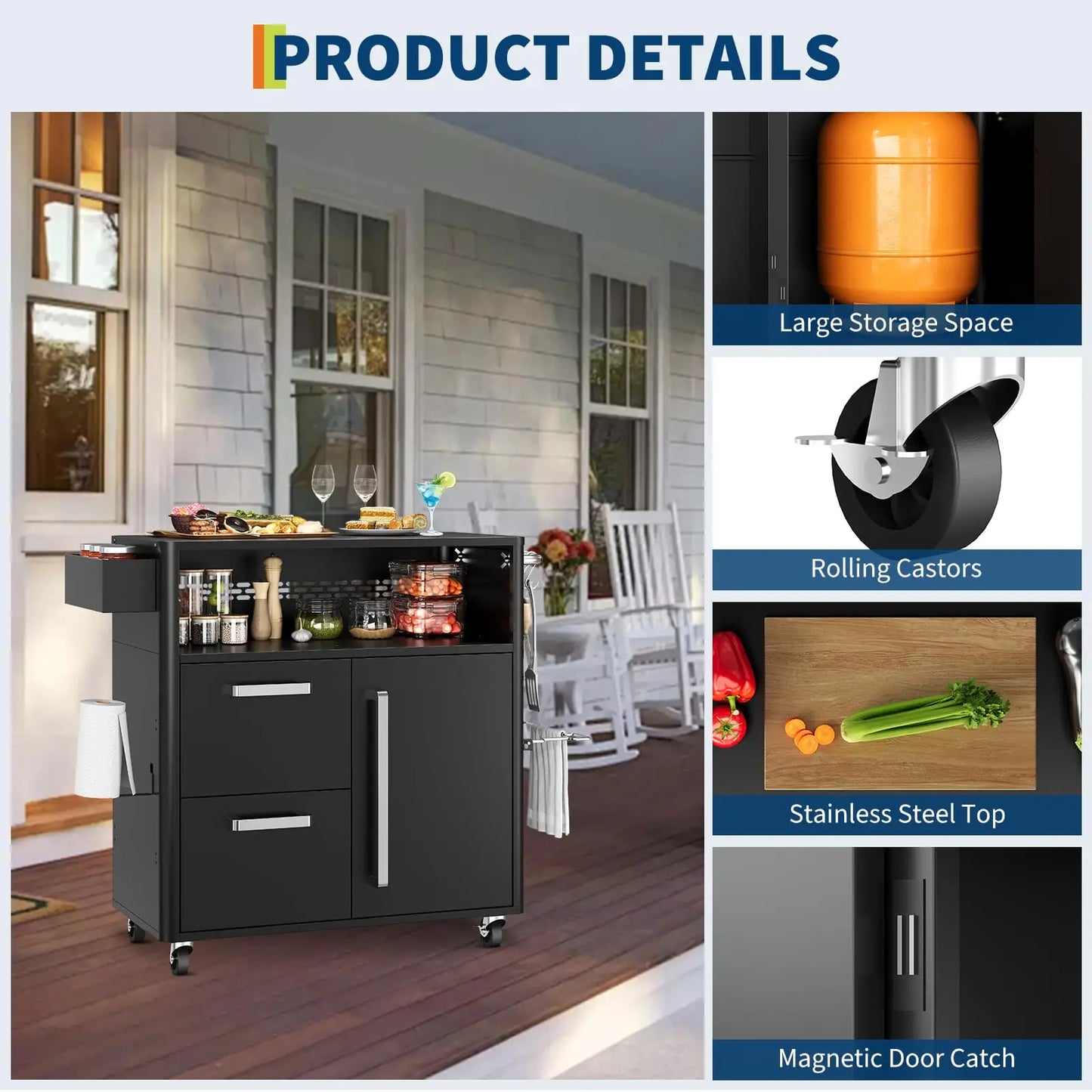 Outdoor Grill Cart With Stainless Steel Prep Table 3 Tier Mobile Kitchen Island With Storage Cabinet And Drawers Lockable Wheels For BBQ Patio Backyard Black