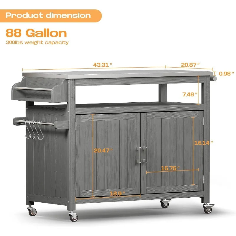 FUQARHY 43.3-Inch Solid Wood Outdoor Kitchen Island with Storage Cabinet, Grill Table with Stainless Steel Top, Outdoor Cooking