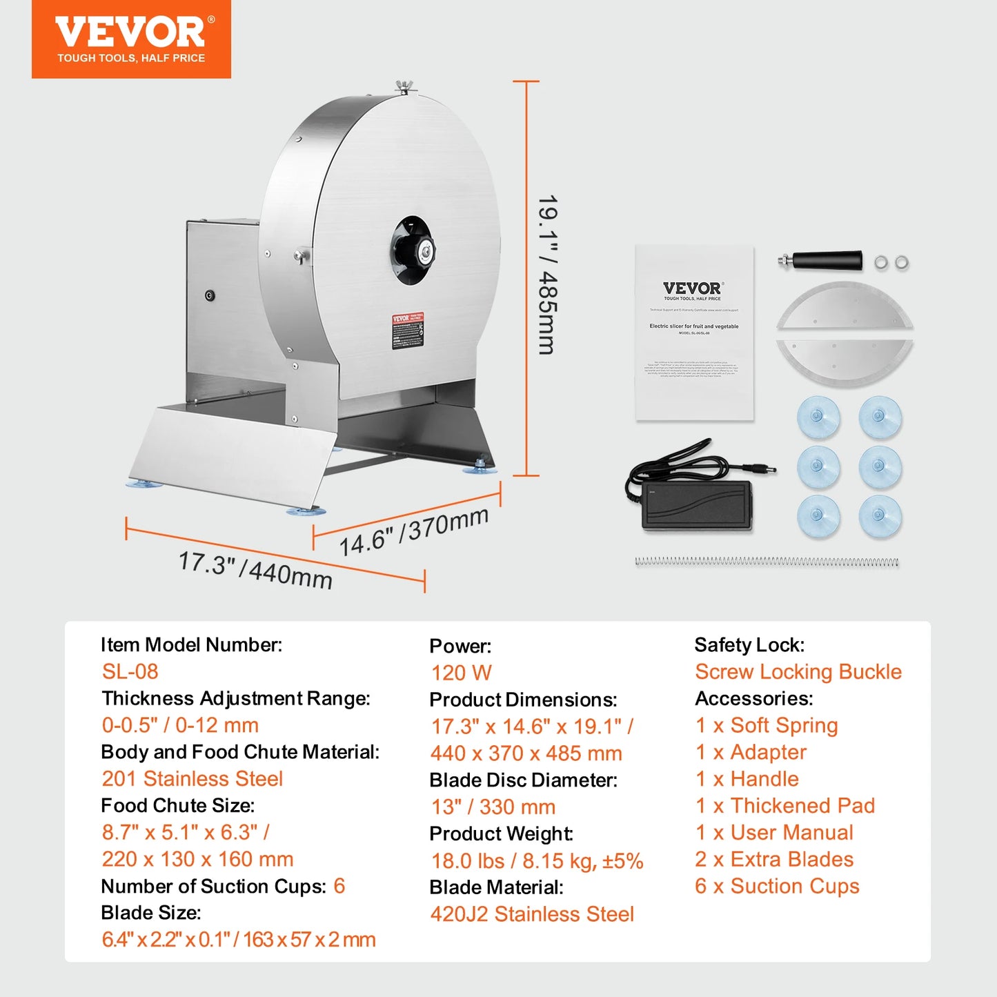 Electric Vegetable Slicer 0-0.5"/0-12mm Thickness Adjustable Commercial Slicer Machine Convertible to Manual FoodCutter