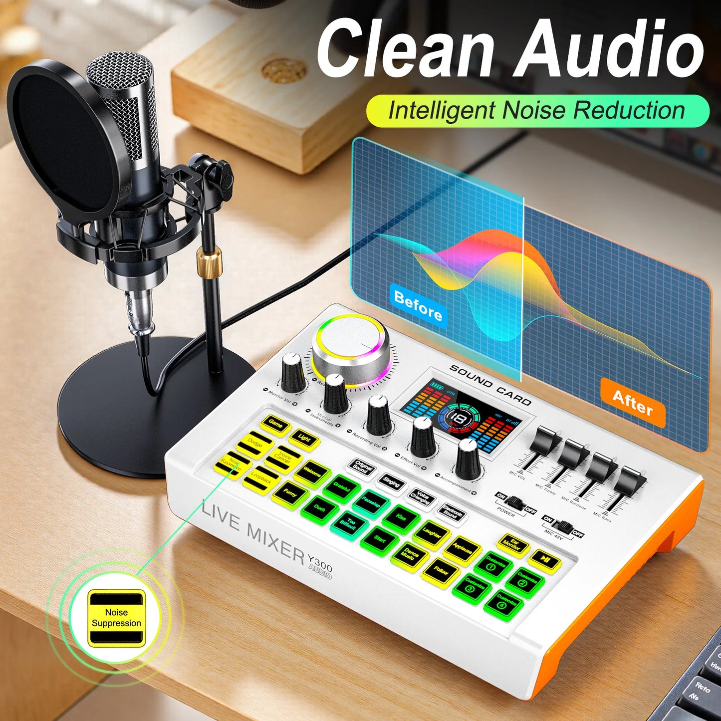 Tenlamp Professional Podcast Equipment Bundle Kit for 4 People, Studio Sound Card with 3.5mm Condenser Mic (Y300-P15B) for PC Smartphone Laptop Computer , Live Audio Mixer Voice Changer for Streaming Singing Gaming Recording