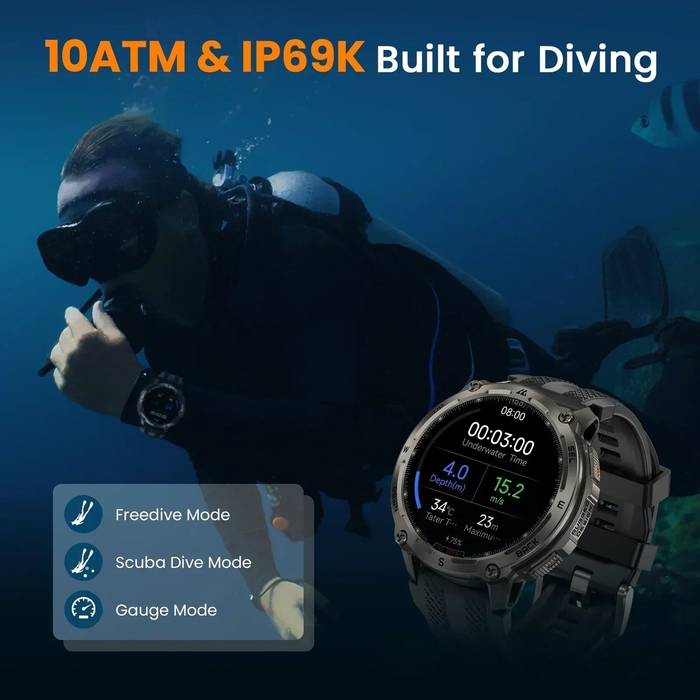 Tank T4 Smart Watch for Men 6-Sat GPS Offline Maps 10ATM Waterproof Heart Rate Diving Skiing Hiking for Android iOS
