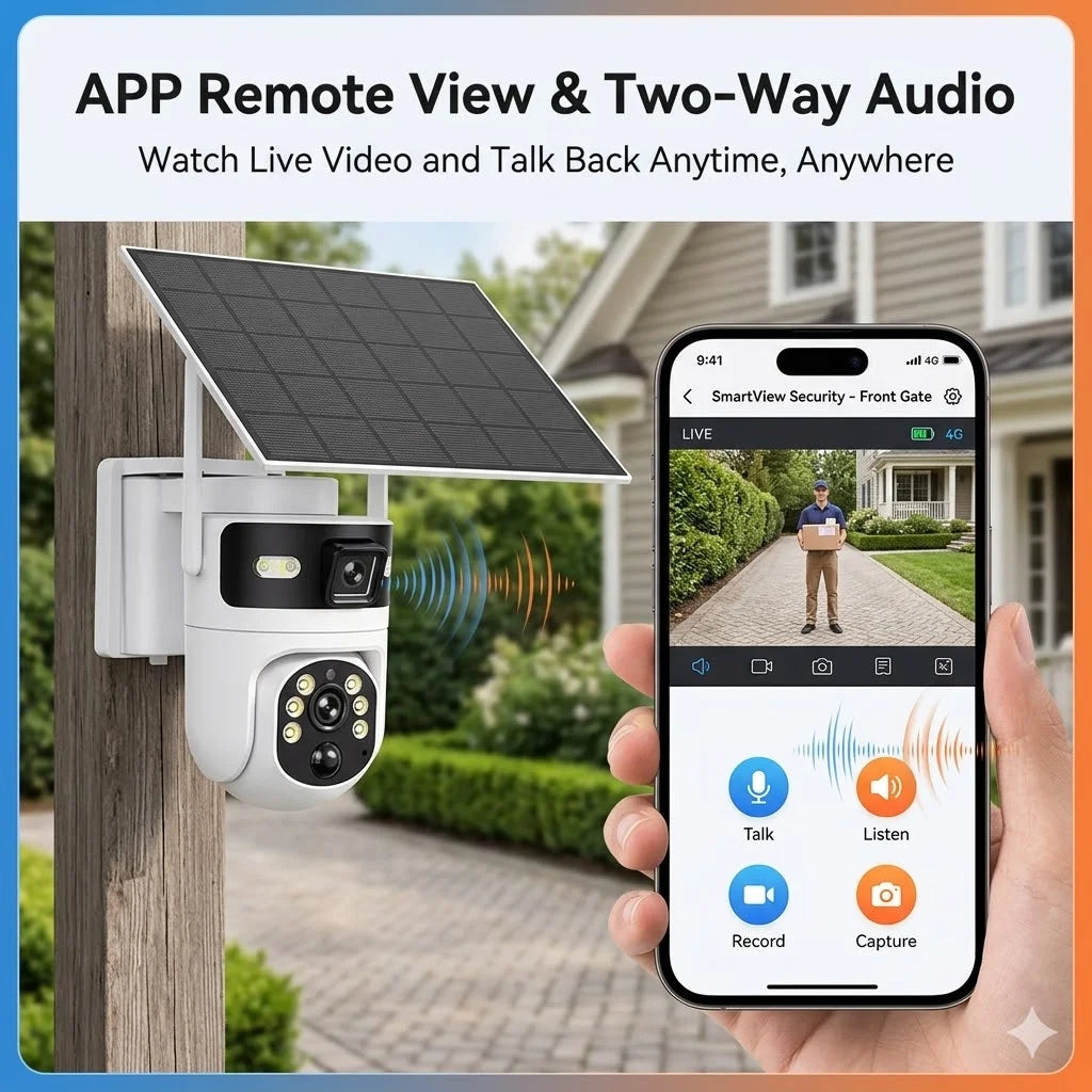 4G Solar Security Camera 2 Pack Dual Lens Outdoor PTZ Wireless CCTV Camera with 4G LTE Connection Solar Powered AI Human Detection Color Night Vision Two Way Audio Motion Alerts Remote App View IP66 Waterproof for Farm Yard G