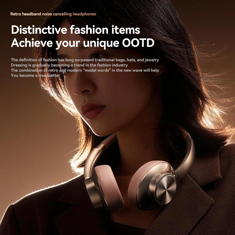 Retro Wireless Over-ear Headphones ANC Smart Noise Cancellation Headset Bluetooth 6.0 HiFi Stereo Gaming Earphones For PC Phone