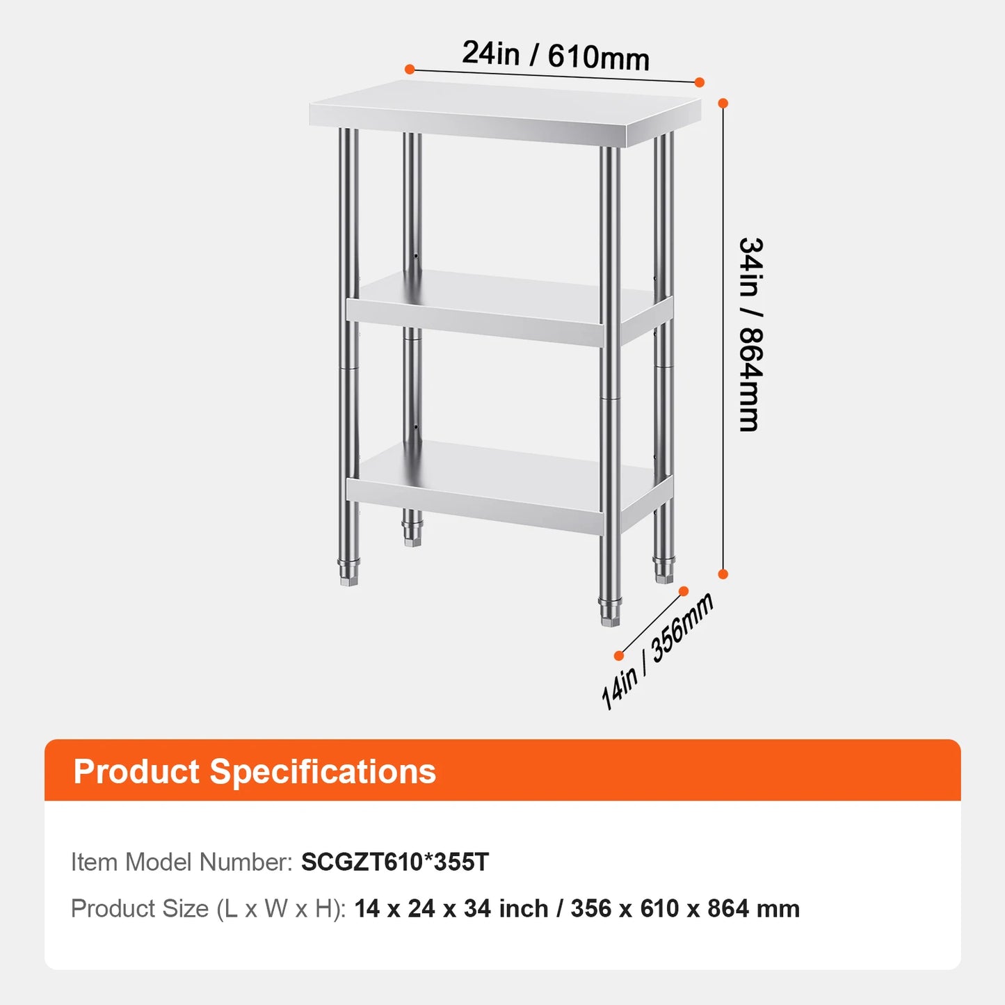 Stainless Steel Food Prep Table Commercial Kitchen Worktable with 2 Adjustable Undershelf for BBQ Kitchen Garage