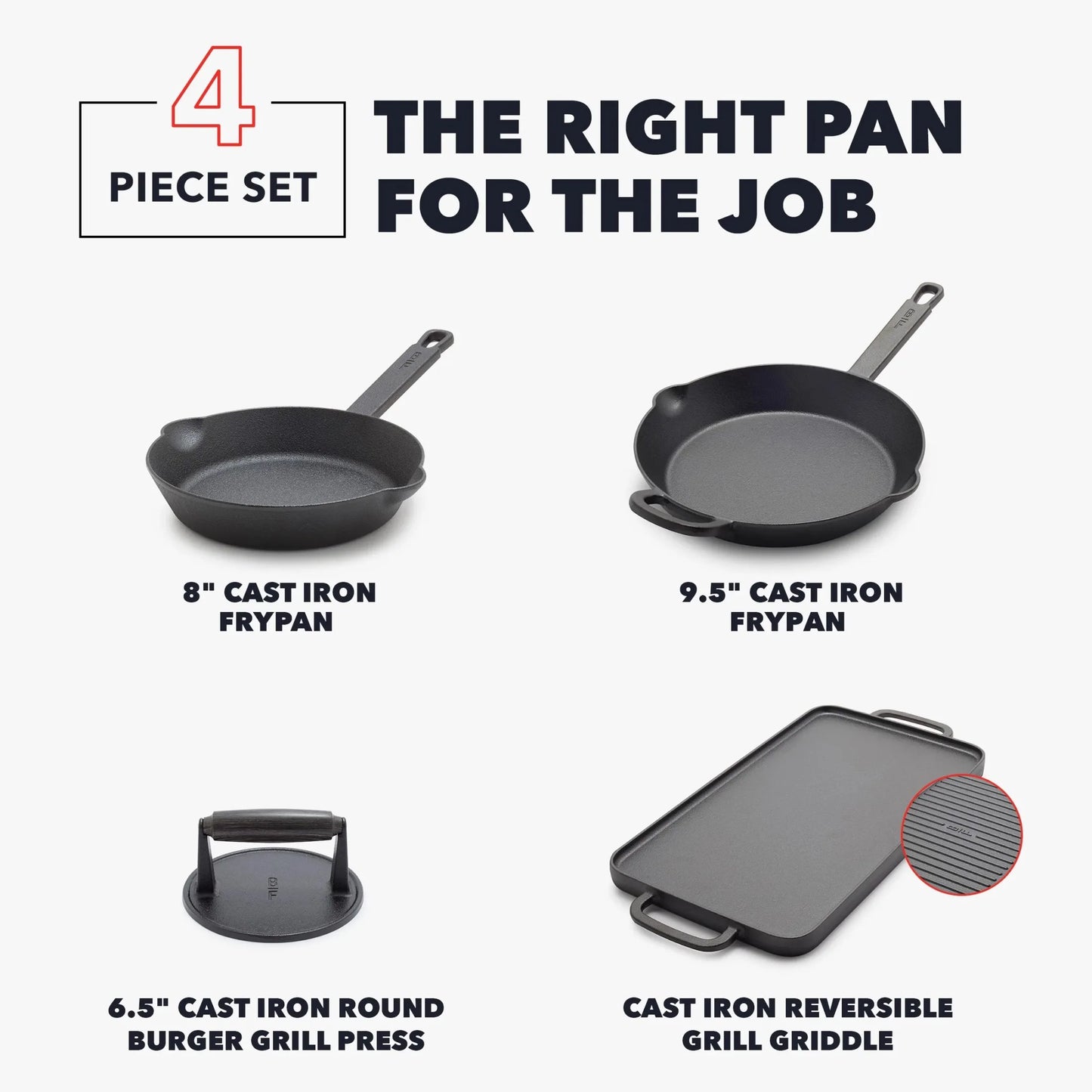 4-Piece Pre-Seasoned Cast Iron Skillet Cookware Set, Black
