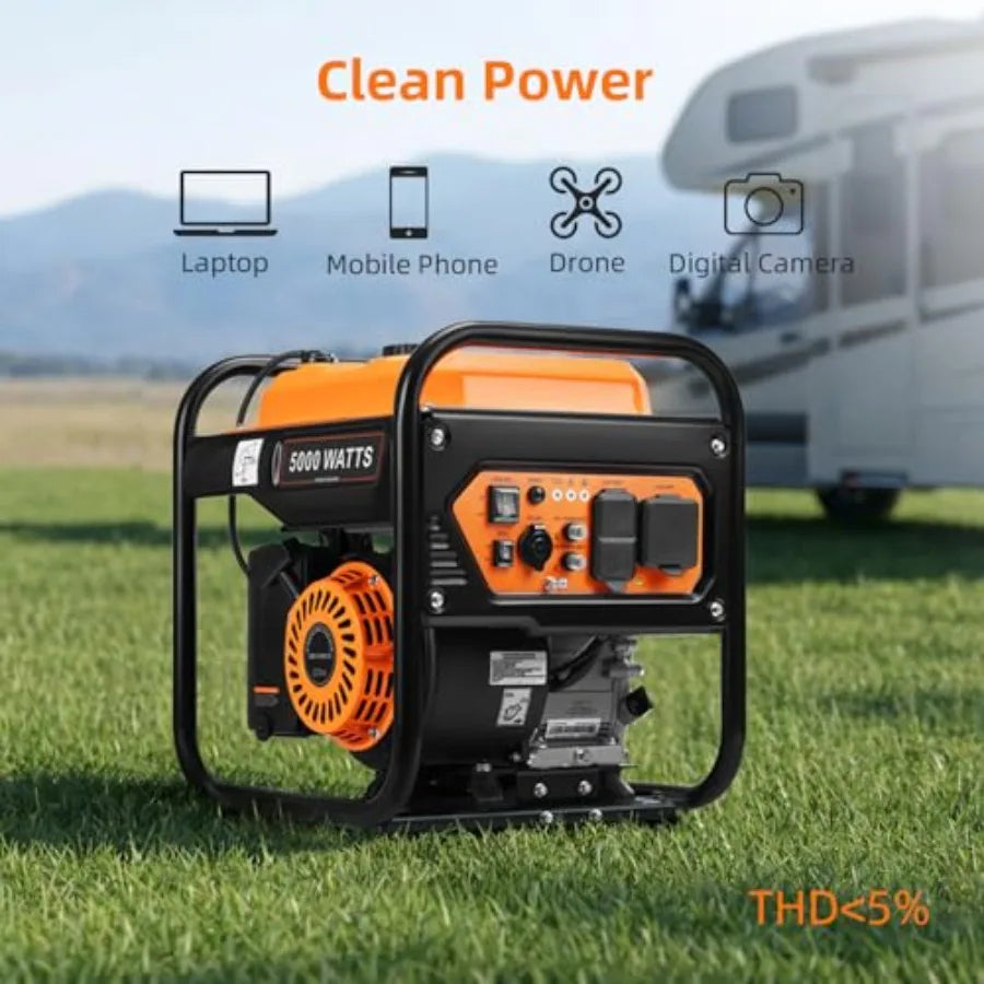 5000-Watts Portable Inverter Generator, Gas Generator for Home Backup, 30A Outlet, RV Ready, ECO Mode, 60Lbs, EPA Compliment