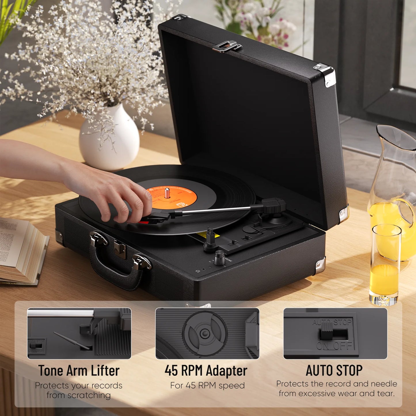 Record Player, 3-Speed 33/45/78RPM Vinyl Spinner with 2 Built-in Stereo Speakers, Headphone Jack