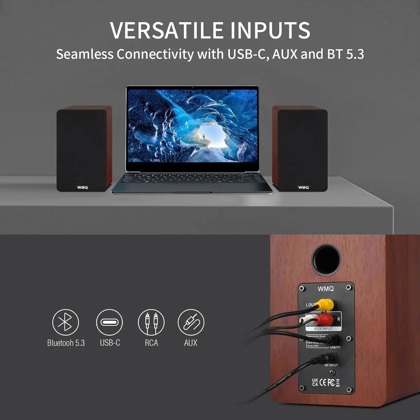 Bluetooth 5.3 Bookshelf Speakers, 60W Powered with Remote, LED Display, Carbon Fiber Woofer, RCA/AUX, Wooden, for Turntable PC TV Gaming Brown