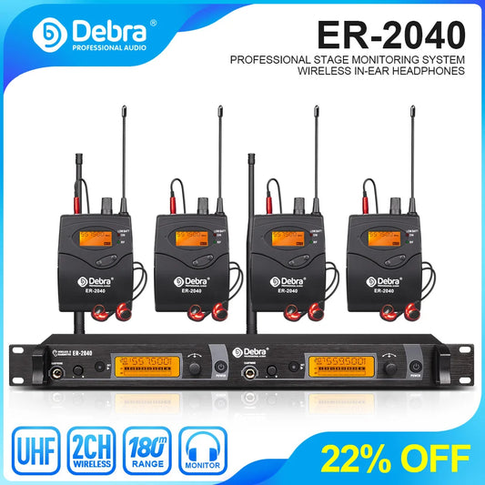 Debra UHF IEM In-Ear Wireless Monitor System ER-2040 with Receiving Distance180m for Stage Performance, Outdoor Singing