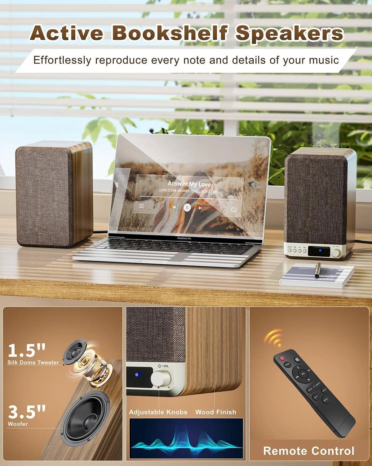 60W Active Bookshelf Speakers for Turntable, PC, Bluetooth 5.4, AUX/RCA Input, 3.5" Woofer, Home Stereo Sound