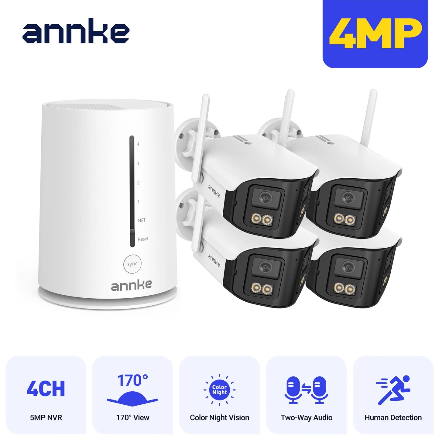 Wireless Security Camera System 4CH NVR 4MP Dual Lens WiFi6 Outdoor CCTV Kit Home Surveillance with Alexa