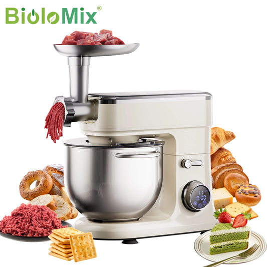 BioloMix 7L Stand Mixer for Baking 1200W DC Motor with Dough Hook Whisk Beater Meat Grinder Attachment - Food Mixer