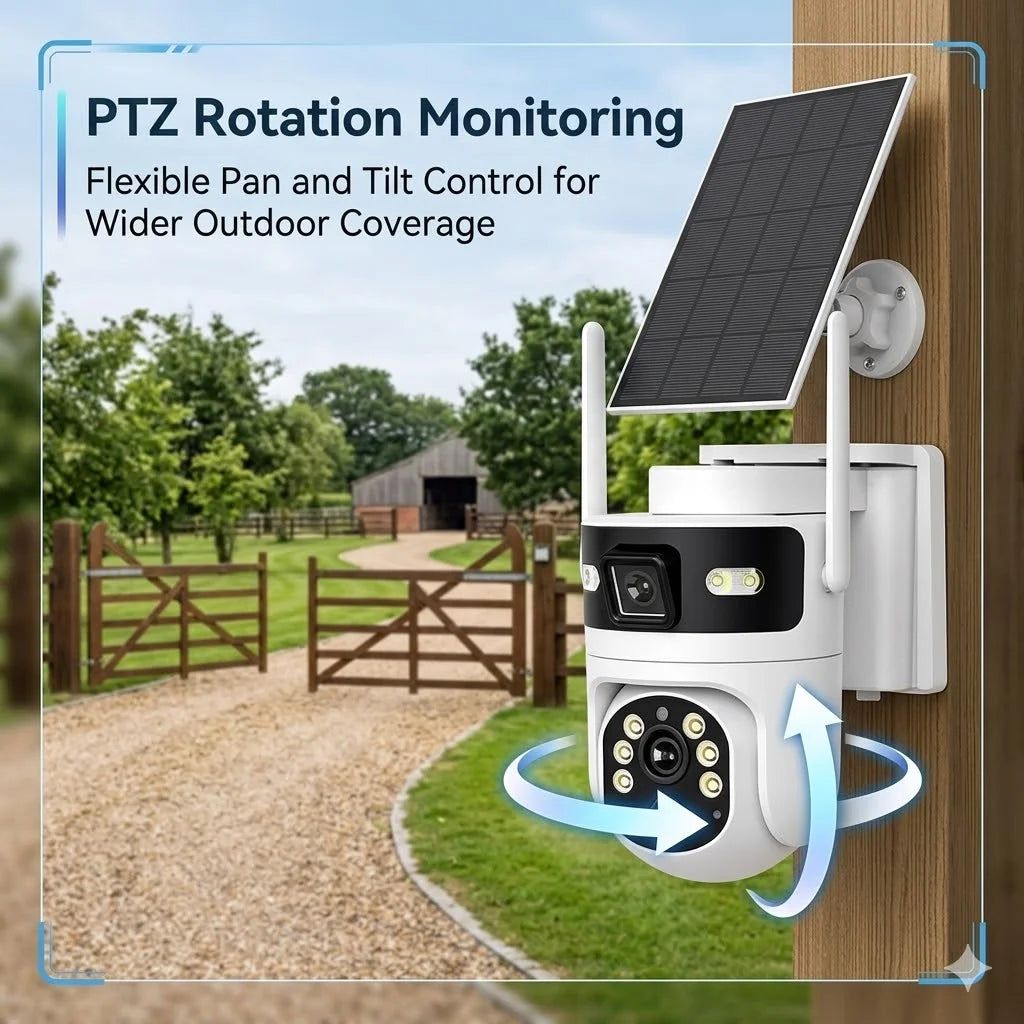 4G Solar Security Camera 2 Pack Dual Lens Outdoor PTZ Wireless CCTV Camera with 4G LTE Connection Solar Powered AI Human Detection Color Night Vision Two Way Audio Motion Alerts Remote App View IP66 Waterproof for Farm Yard G