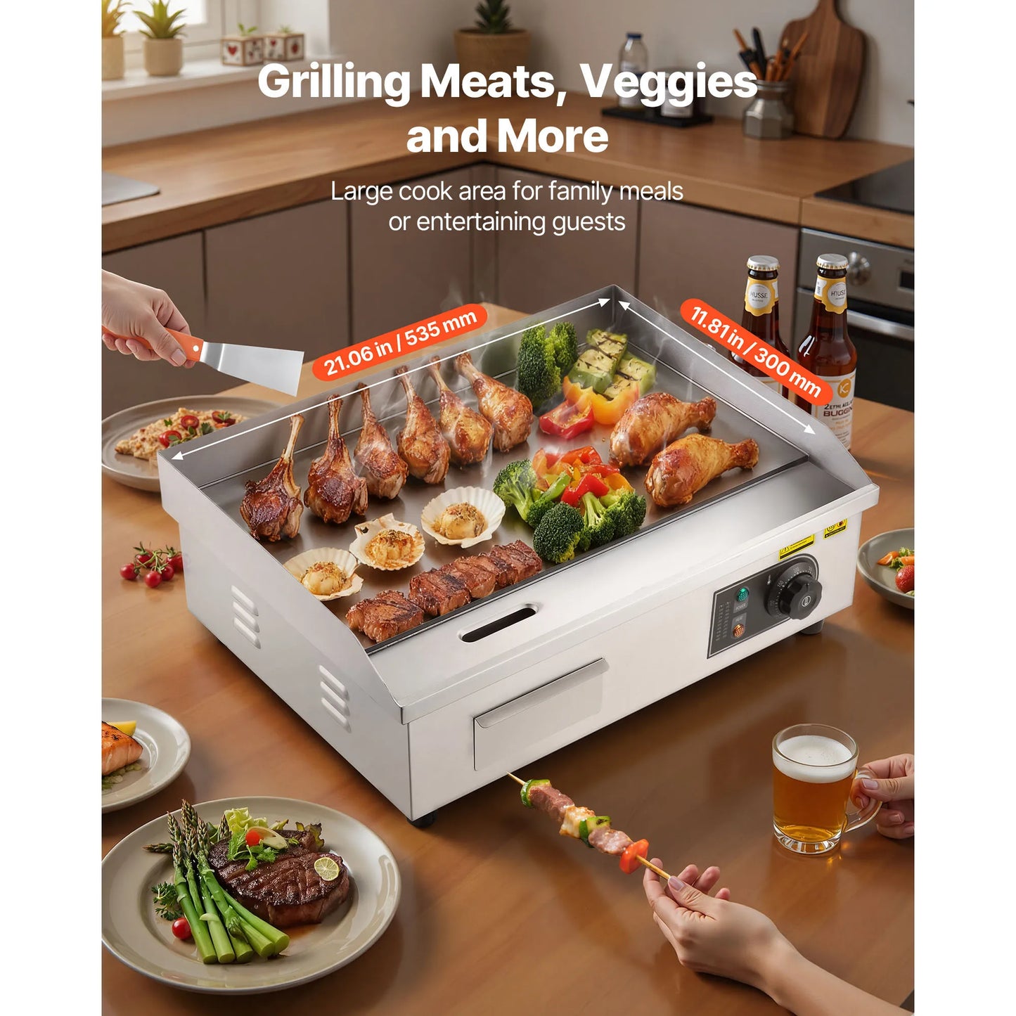 Commercial Electric Griddle 50-300°C Adjustable Temp Control, Stainless Steel Countertop Flat Top Grill for Steak Panc