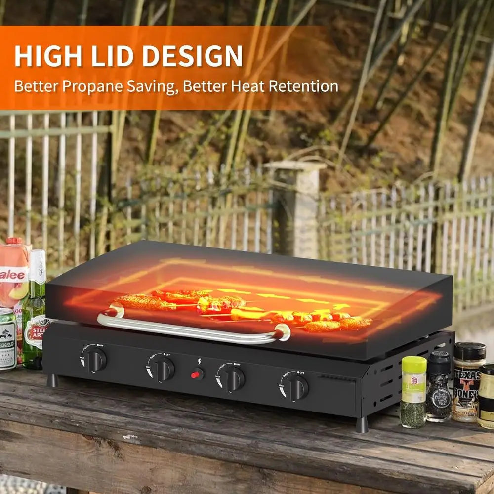 30-Inch Outdoor Portable Propane Gas Griddle with Hood and Side Shelves for BBQ, Camping, and Kitchen Use