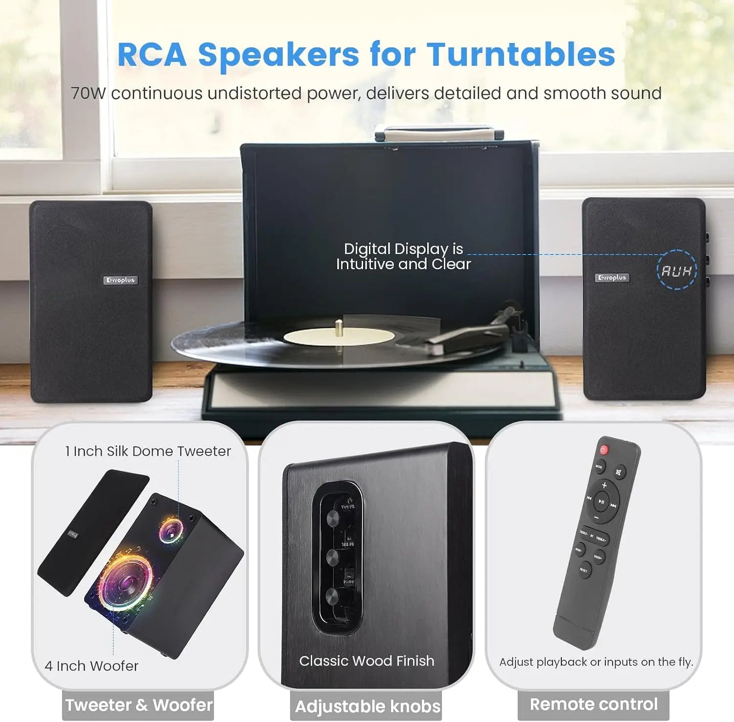 80W Powered Bookshelf Speakers, 4" Woofer, HiFi Stereo, Optical/ARC/RCA/BT/AUX, Active Turntable Speakers for TV PC