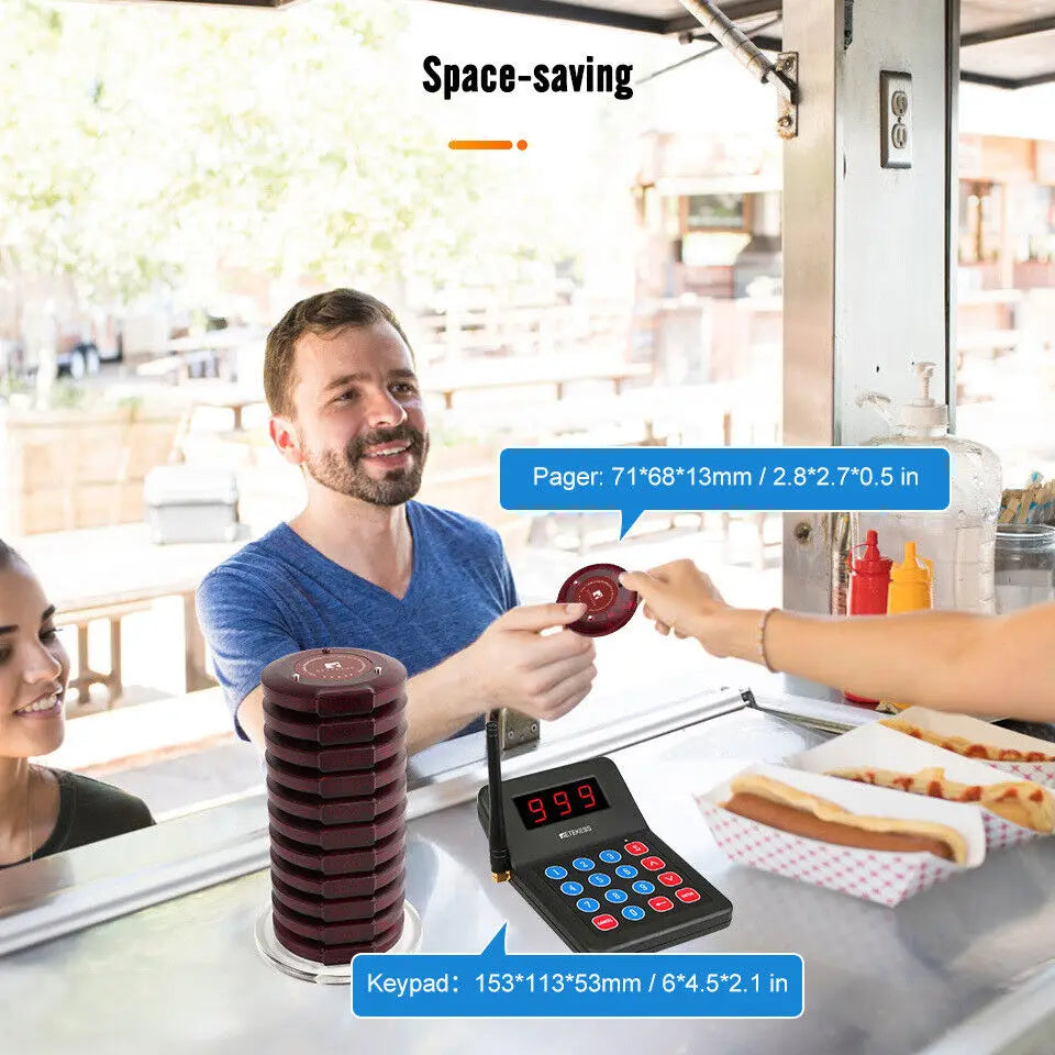 Wireless Restaurant Paging System Coaster Vibrater Buzzer Receiver 2-Way Charge for Cafe Food Trucks
