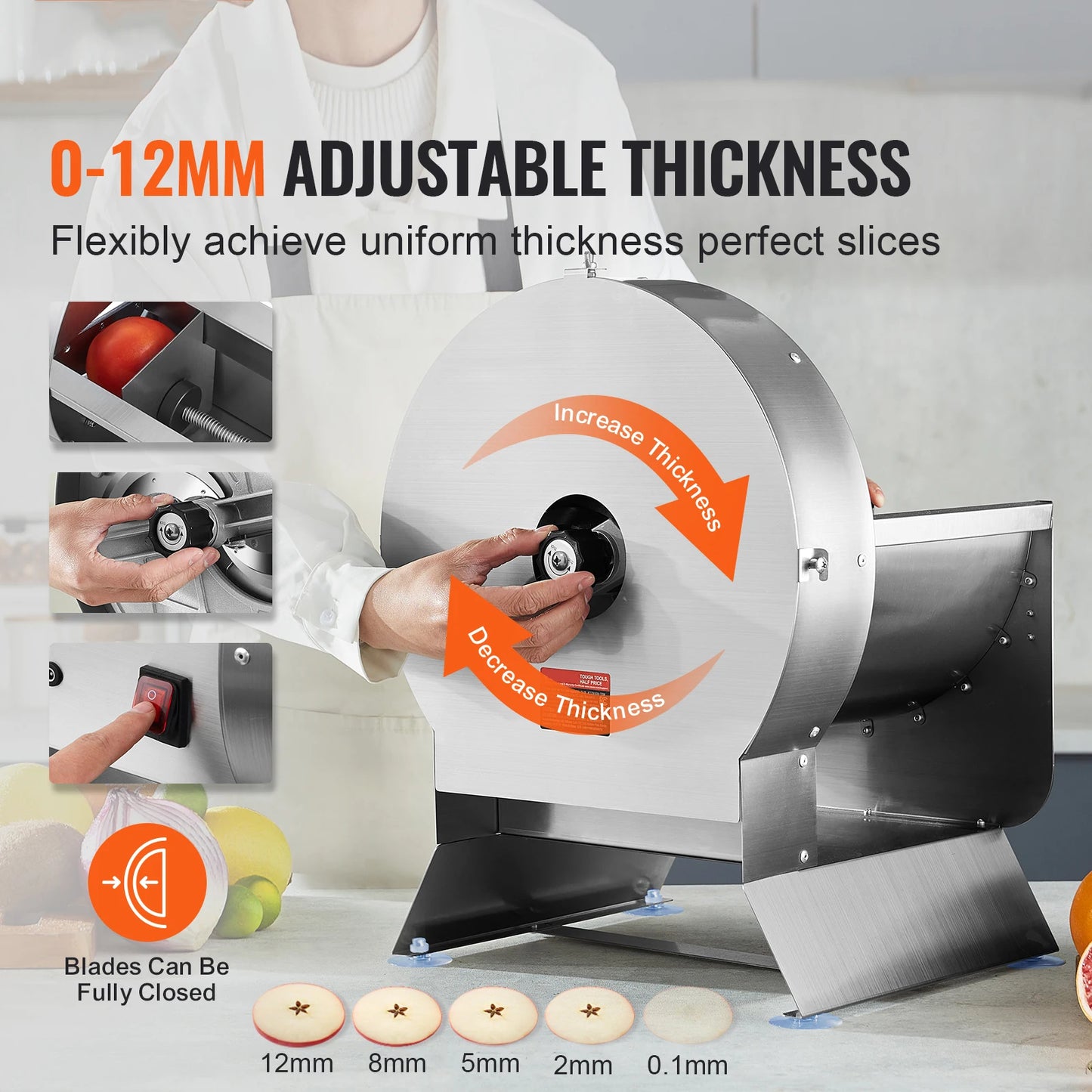 Electric Vegetable Slicer 0-0.5"/0-12mm Thickness Adjustable Commercial Slicer Machine Convertible to Manual FoodCutter