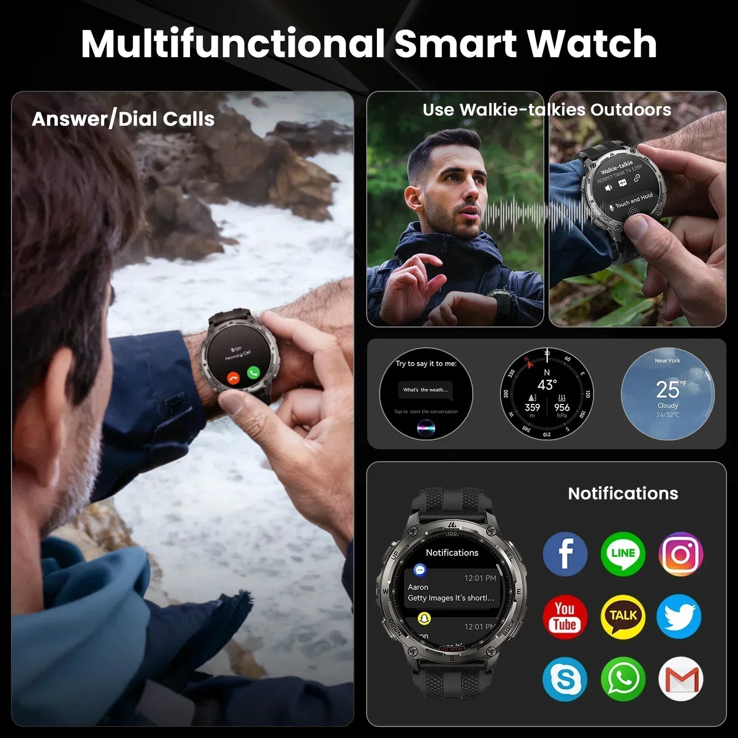 Tank T4 Smart Watch for Men 6-Sat GPS Offline Maps 10ATM Waterproof Heart Rate Diving Skiing Hiking for Android iOS
