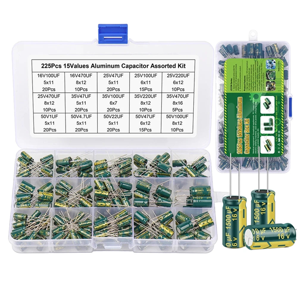 15/24/36 Values 225/460/925Pcs Aluminum Capacitors Set 16V-50V Aluminum Electrolytic Capacitors Assortment Kit with Storage Box
