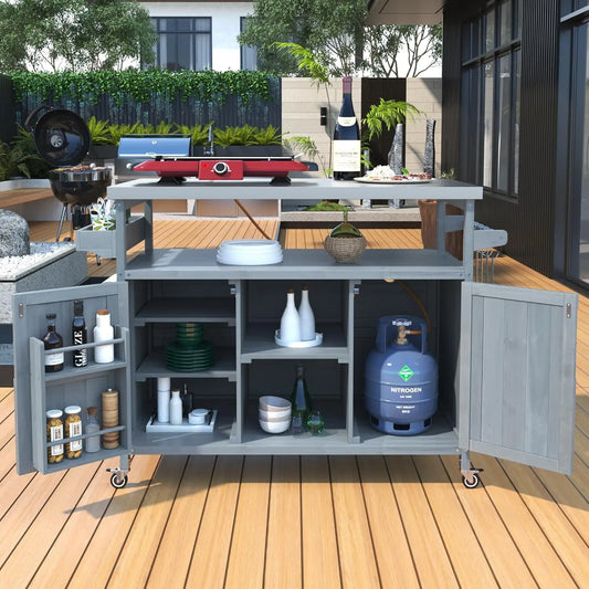 Large Rolling Outdoor Kitchen Island with Storage Cabinet, Wood Grill Table with Steel Top for Kitchen & BBQ, Customized