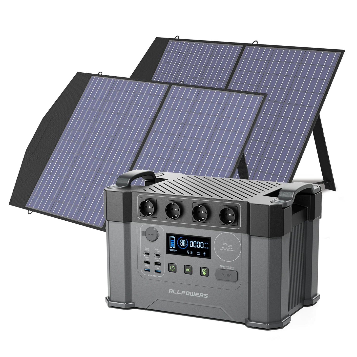 Solar Generator 2400W Battery Charger,110V/230V Pure Sine Wave AC Outlet With 2×100W Portable Solar Panel For Outdoors
