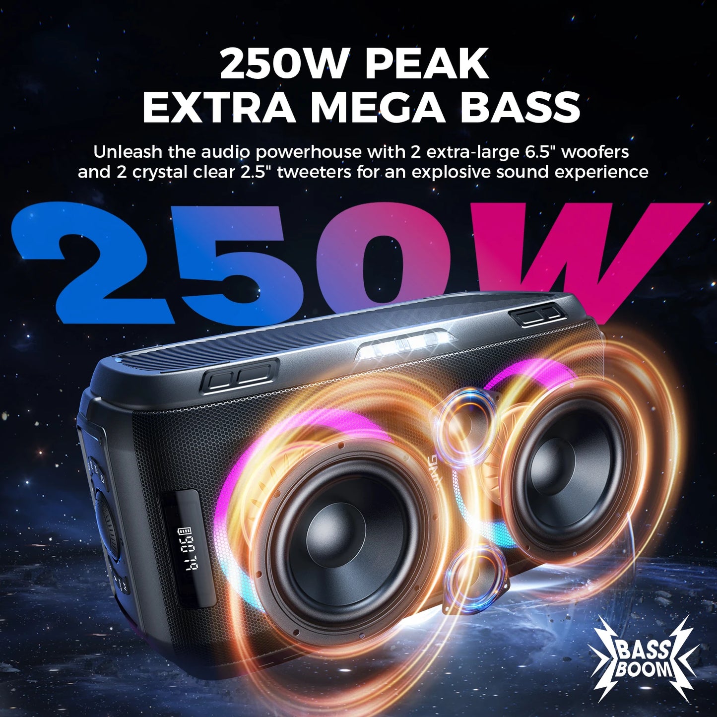 250W PEAK Large Bluetooth Speaker Loudest/Massive 120dB/12 Custom Bass, V5.3 Big Party Boombox Portable Speaker Wireless