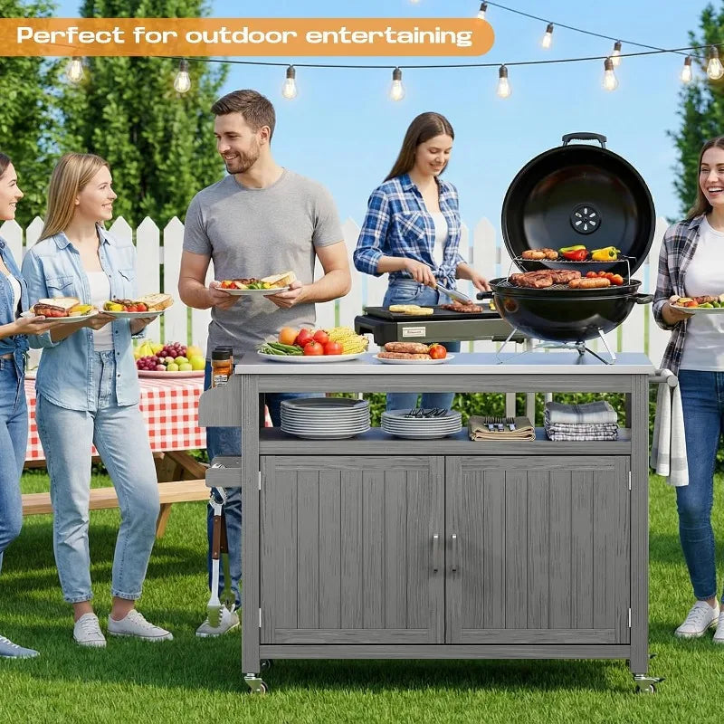 FUQARHY 43.3-Inch Solid Wood Outdoor Kitchen Island with Storage Cabinet, Grill Table with Stainless Steel Top, Outdoor Cooking