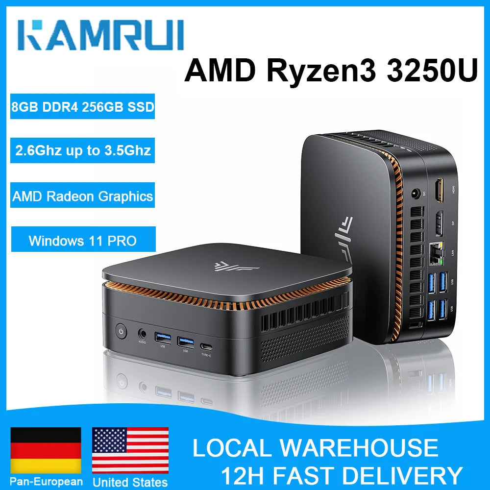 KAMRUI AMD R3 3250U 3.5Ghz Mini PC 8GB DDR4 256GB SSD Mini Computer 2.4+5G WiFi/BT4.2 4K@60Hz UHD Desktop PC Win11p for Office