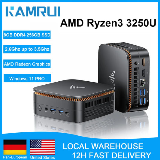 KAMRUI AMD R3 3250U 3.5Ghz Mini PC 8GB DDR4 256GB SSD Mini Computer 2.4+5G WiFi/BT4.2 4K@60Hz UHD Desktop PC Win11p for Office